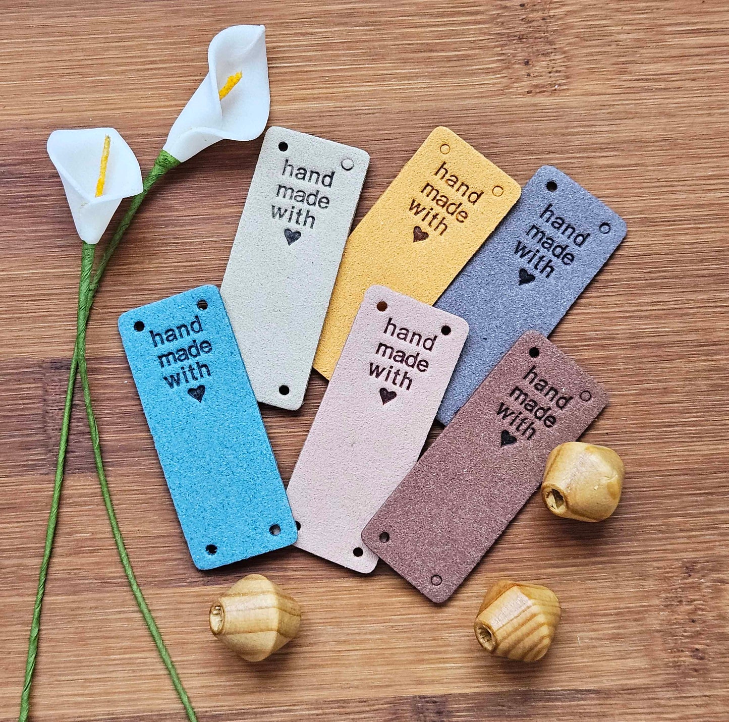 HANDMADE WITH LOVE LABELS / Set of 5 / Round Faux Suede Labels / Handmade Tags / Garment Labels