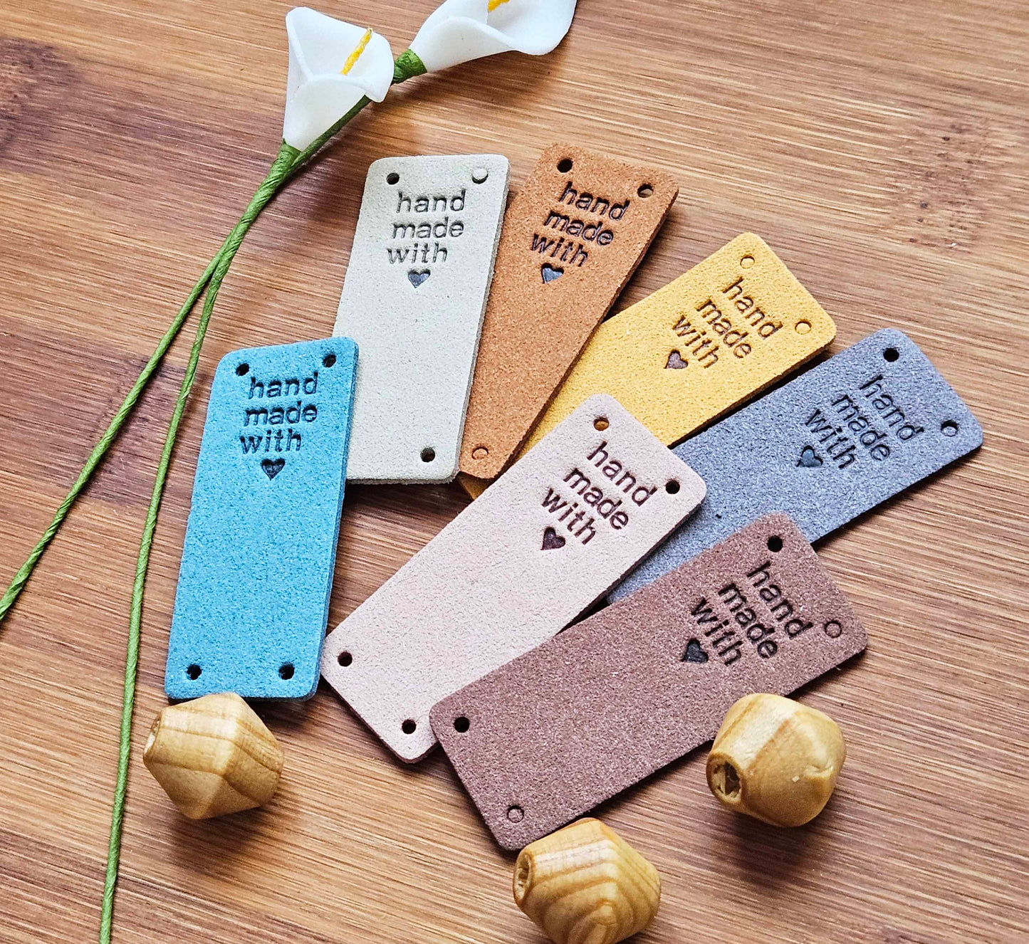 HANDMADE WITH LOVE LABELS / Set of 5 / Round Faux Suede Labels / Handmade Tags / Garment Labels