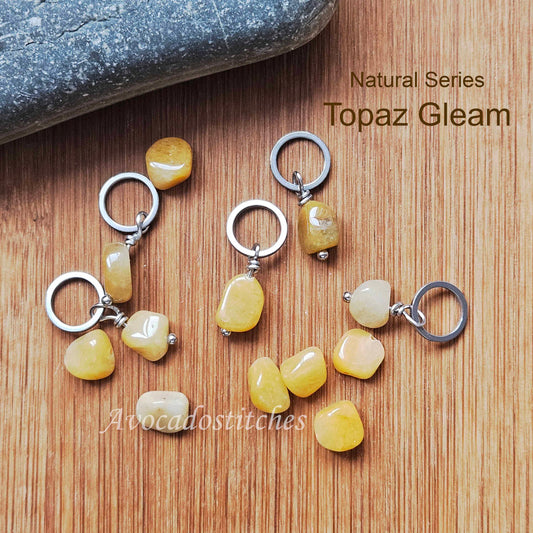 TOPAZ GLEAM (Grade A Topaz Stone & Stainless Steel) – Set of 5 Stitch Markers / Knitting Crochet Notions