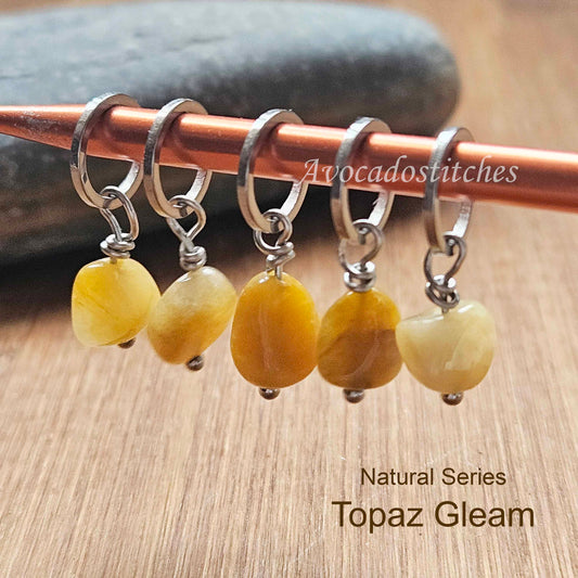 TOPAZ GLEAM (Grade A Topaz Stone & Stainless Steel) – Set of 5 Stitch Markers / Knitting Crochet Notions