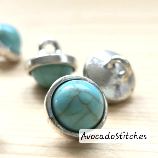 TURQUOISE SILVER EDGE / 12mm - 6 buttons / Zinc Alloy with Turquoise Stone / Shank Buttons / Sewing Buttons