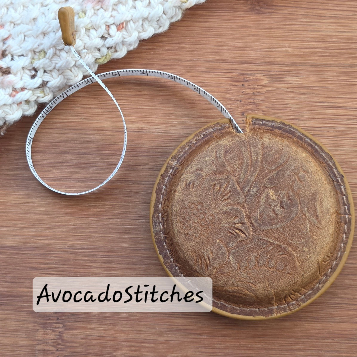 VINTAGE BOTANICA Leather Retractable Measuring Tape / Knitting Crochet Sewing Crafting Notions Tools