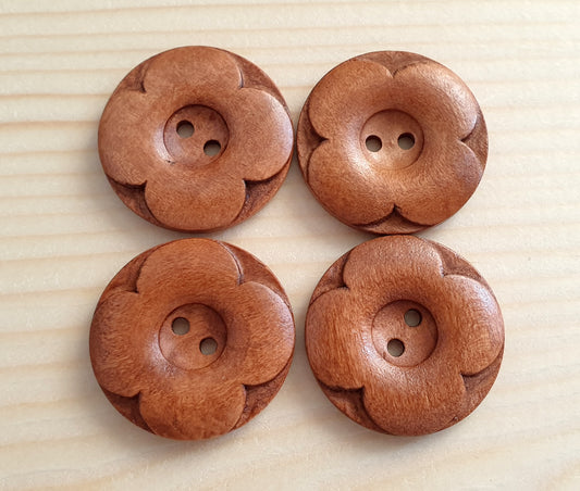 VINTAGE FLOWER BROWN / Brown 2-Hole Wooden Buttons / 30mm (Set of 4)