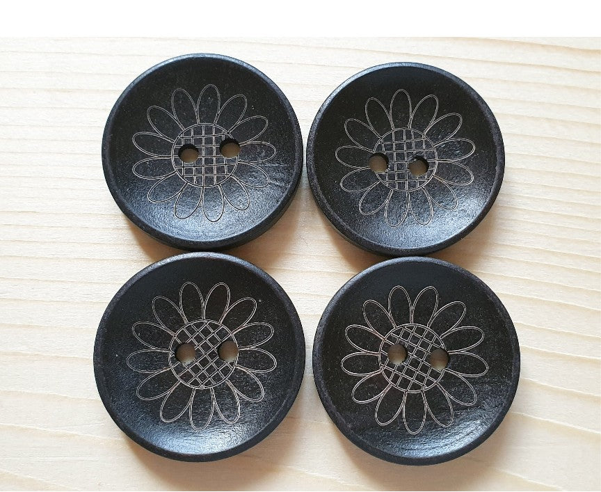 VINTAGE SUNFLOWER / Dark Brown 2-Hole Wooden Buttons / 30mm (Set of 4)