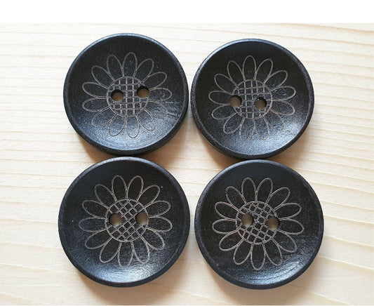 VINTAGE SUNFLOWER / Dark Brown 2-Hole Wooden Buttons / 30mm (Set of 4)