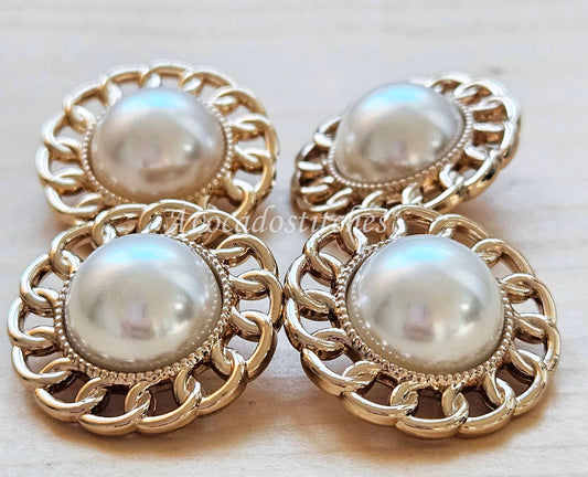 VINTAGE WHITE PEARL Golden Shank / 25mm - 4 buttons / Metal Alloy Imitation Pearl Shank Buttons / Sewing Buttons
