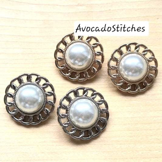 VINTAGE WHITE PEARL Shank / 25mm - 4 buttons / Metal Alloy Imitation Pearl Shank Buttons / Sewing Buttons