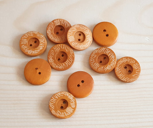 WAVES / Orange Brown 2-Hole Wooden Buttons / 18mm (Set of 6)
