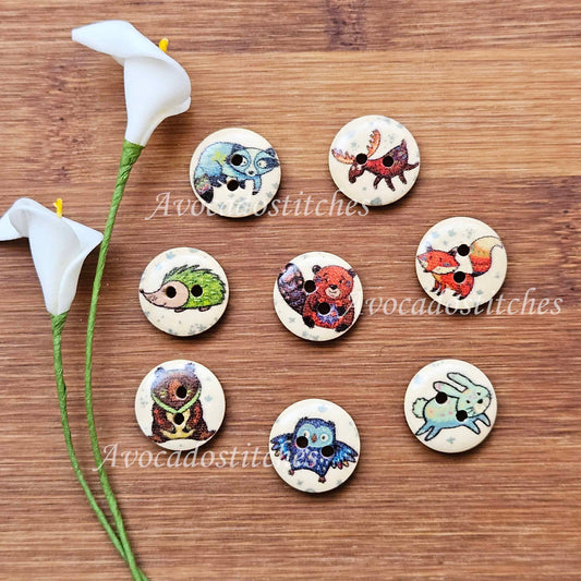 WILD ANIMALS / 15mm - 6 buttons / Wooden Buttons / Sewing Buttons