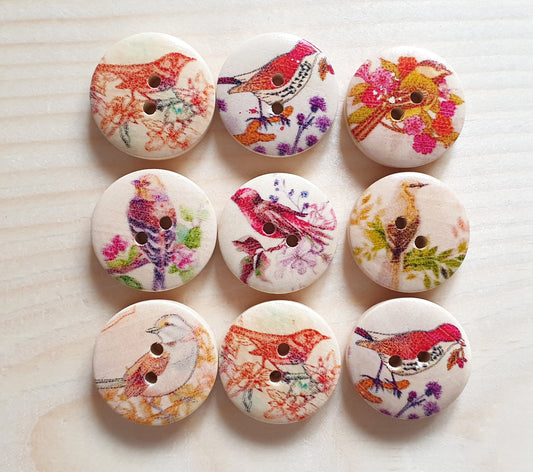 WILD BIRDS MIXED / 20mm / Set of 6 buttons / Wooden Buttons / Sewing Buttons