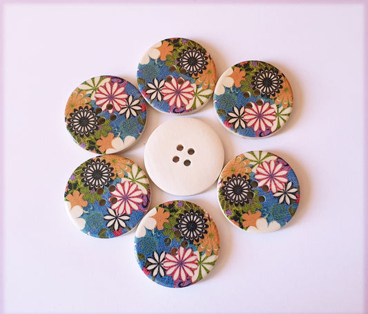 WILD FLOWERS  / 30mm / Set of 6 buttons / Wooden Buttons / Sewing Buttons