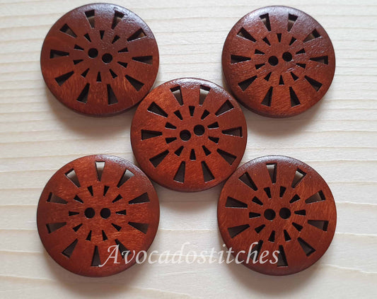 WIND TURBINES MAROON BROWN / 25mm / Set of 6 buttons / Wooden Filigree Buttons / Sewing Buttons