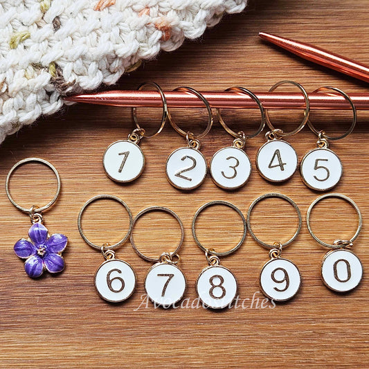 WHITE NUMBERED MARKERS & Purple Flower / 11pcs / Numbered Stitch Markers / Row Counter Markers / Crochet Knitting Stitch Markers / Notions