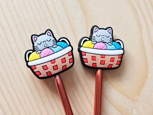 CAT IN A YARN BASKET STITCH STOPPERS / Knitting Needle Stoppers / Point Protection / Notions