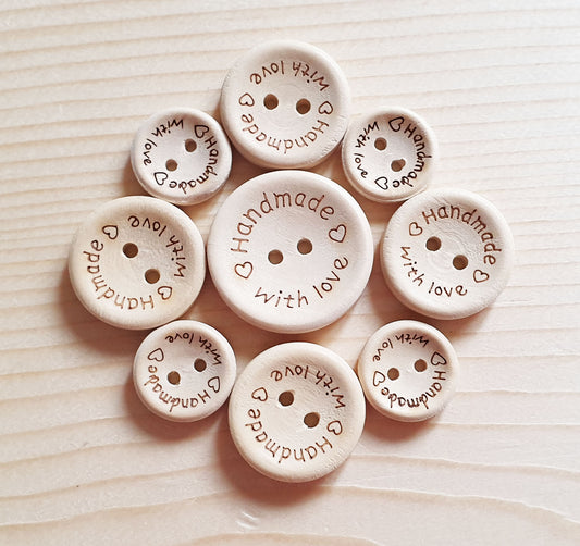 HANDMADE WITH LOVE / 15-25mm / Unvarnished Wooden Buttons / Sewing Buttons