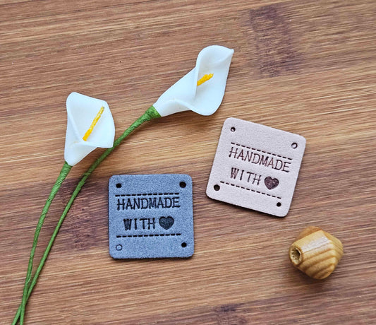 HANDMADE WITH LOVE  SQUARE TAGS / Set of 5 / Faux Suede Labels / Handmade Tags / Garment Labels