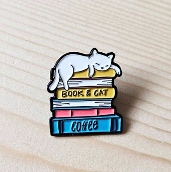 BOOK CAT COFFEE - Cat Pins / Pet Brooches / Kitten Pins / Gifts