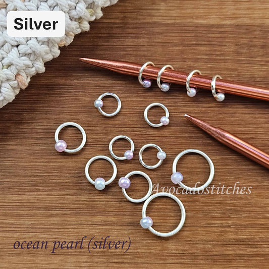 OCEAN PEARL Stitch Markers / 10 pcs / Rose Gold or Silver Rings / Snag Free Markers / Knitting Notions