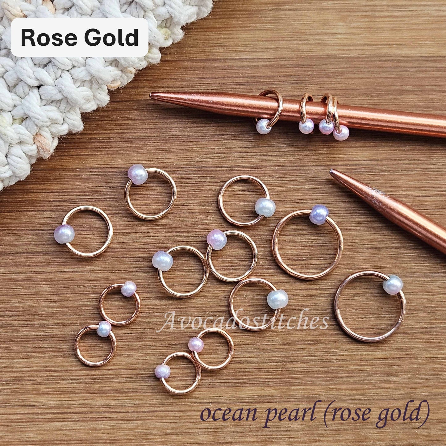OCEAN PEARL Stitch Markers / 10 pcs / Rose Gold or Silver Rings / Snag Free Markers / Knitting Notions