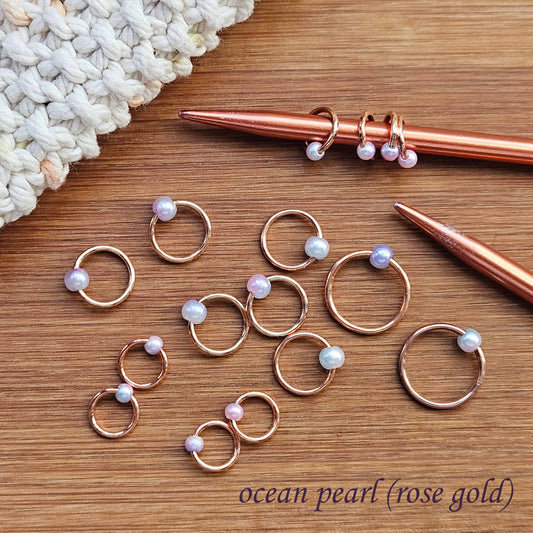 OCEAN PEARL Stitch Markers / 10 pcs / Rose Gold or Silver / Snag Free / Knitting Notions
