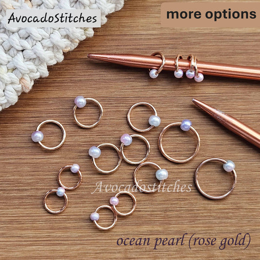 OCEAN PEARL Stitch Markers / 10 pcs / Rose Gold or Silver Rings / Snag Free Markers / Knitting Notions