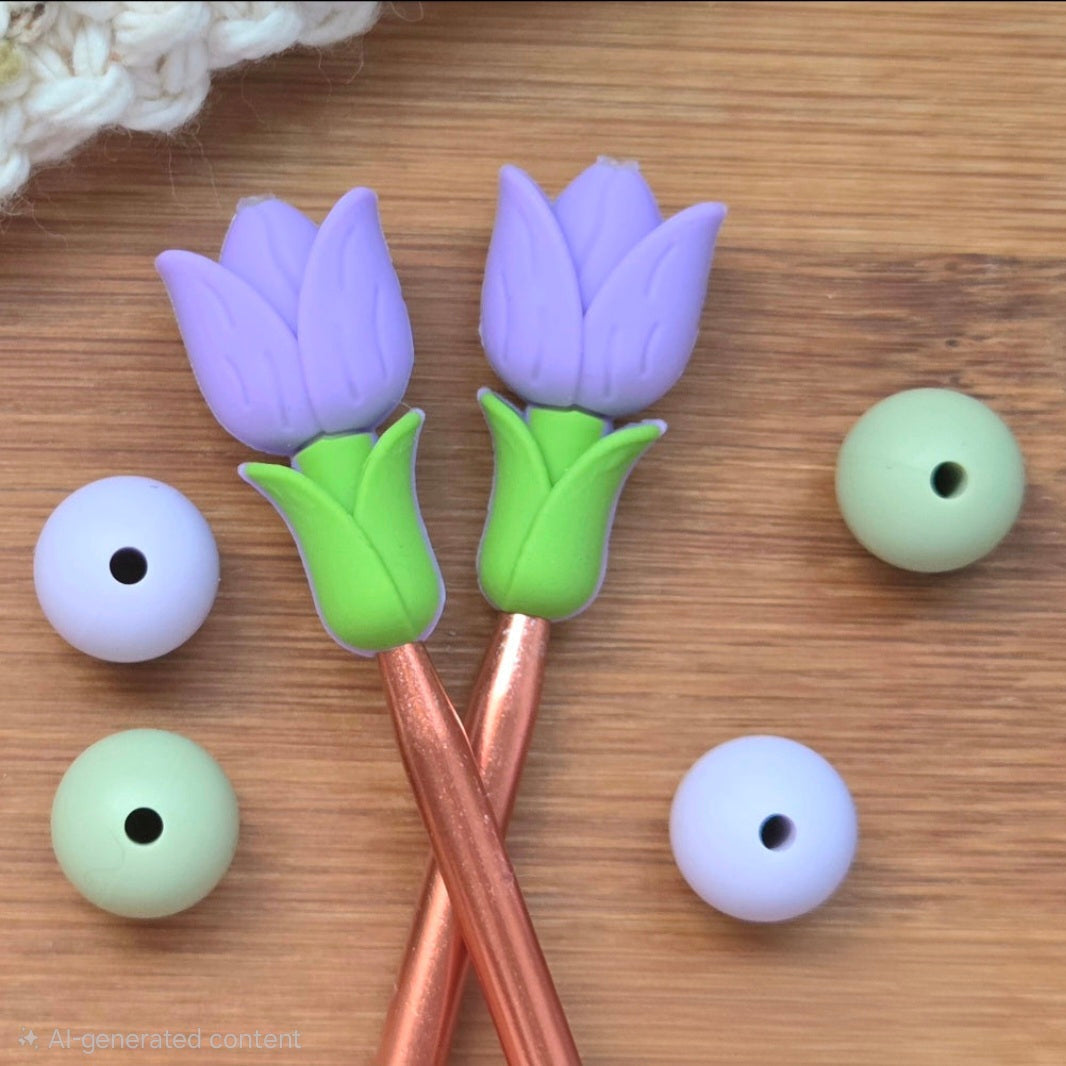 LITTLE VIOLET TULIP STITCH STOPPERS / Knitting Needle Toppers / Notions